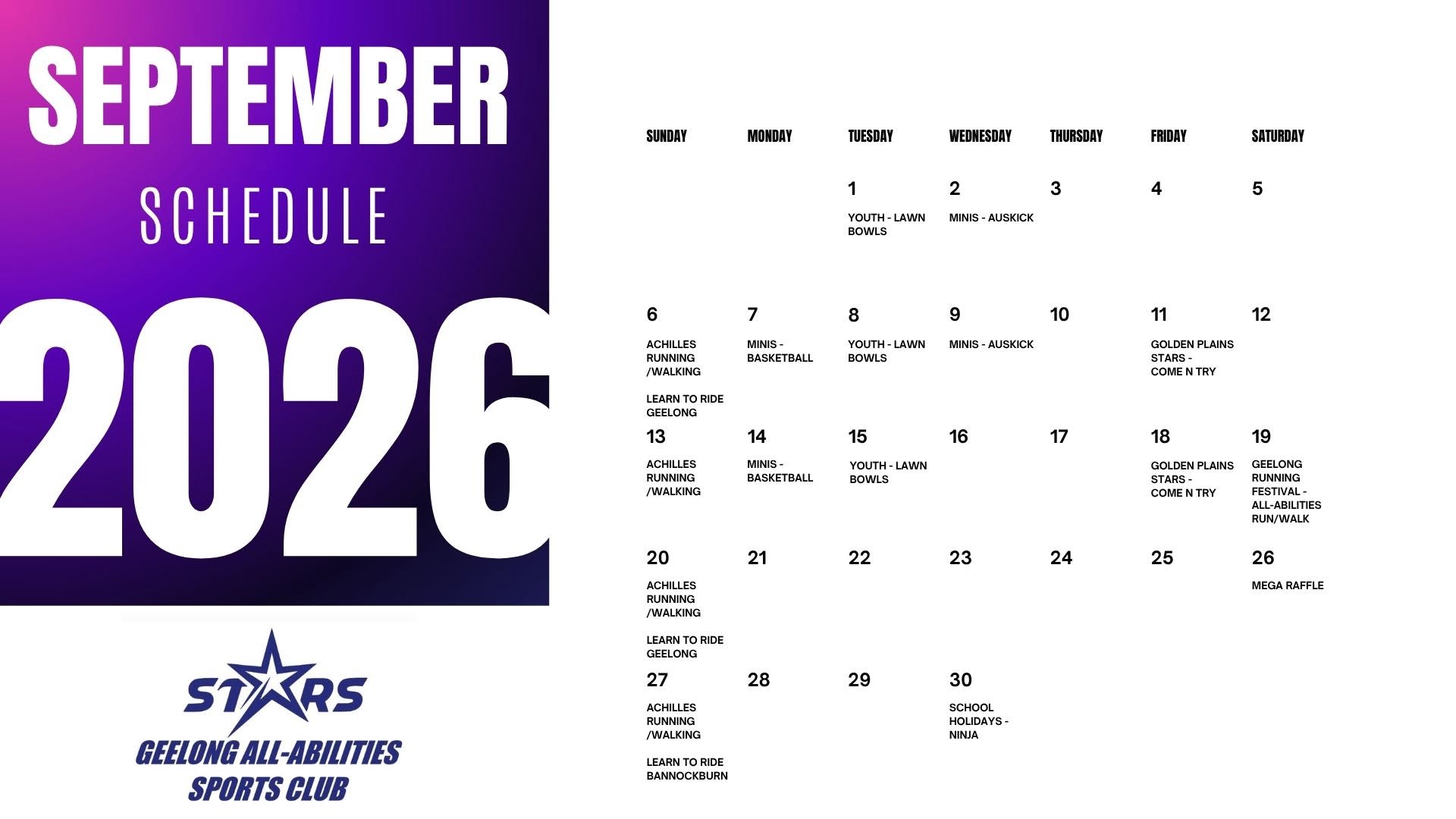 September 2026 Events Calendar - Geelong Stars Programs and Activities